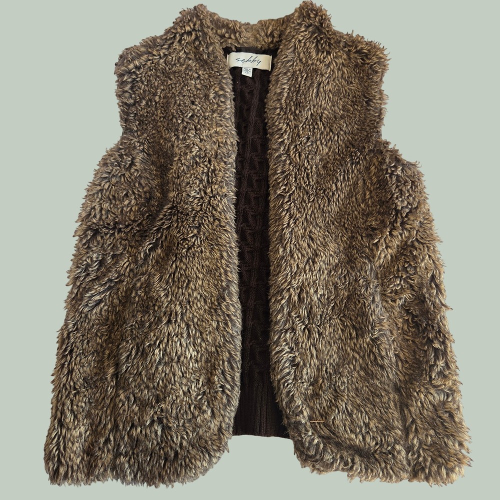 Sebby Brown Faux Fur Cable Knit Vest Y2K Shaggy Open Front Large